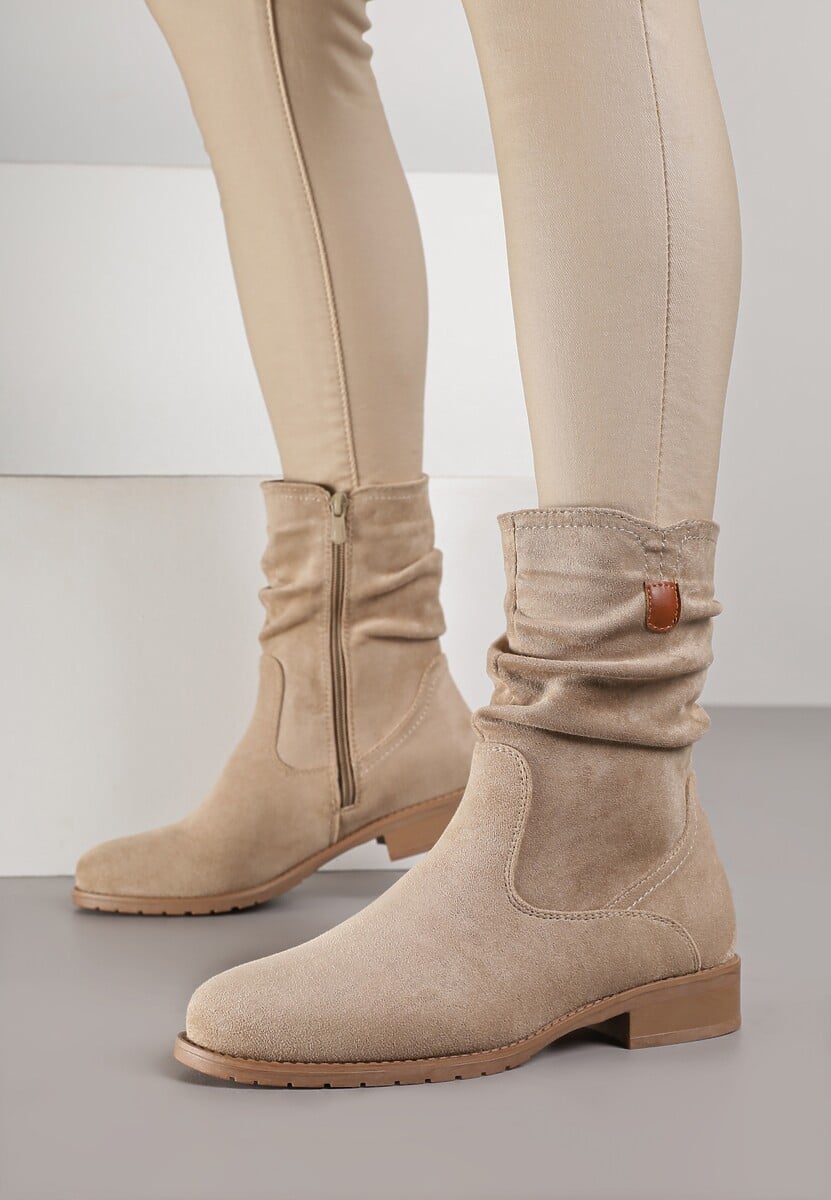 Beżowe Botki z Cholewką za Kostkę z Ozdobnymi Marszczeniami Merivinae
