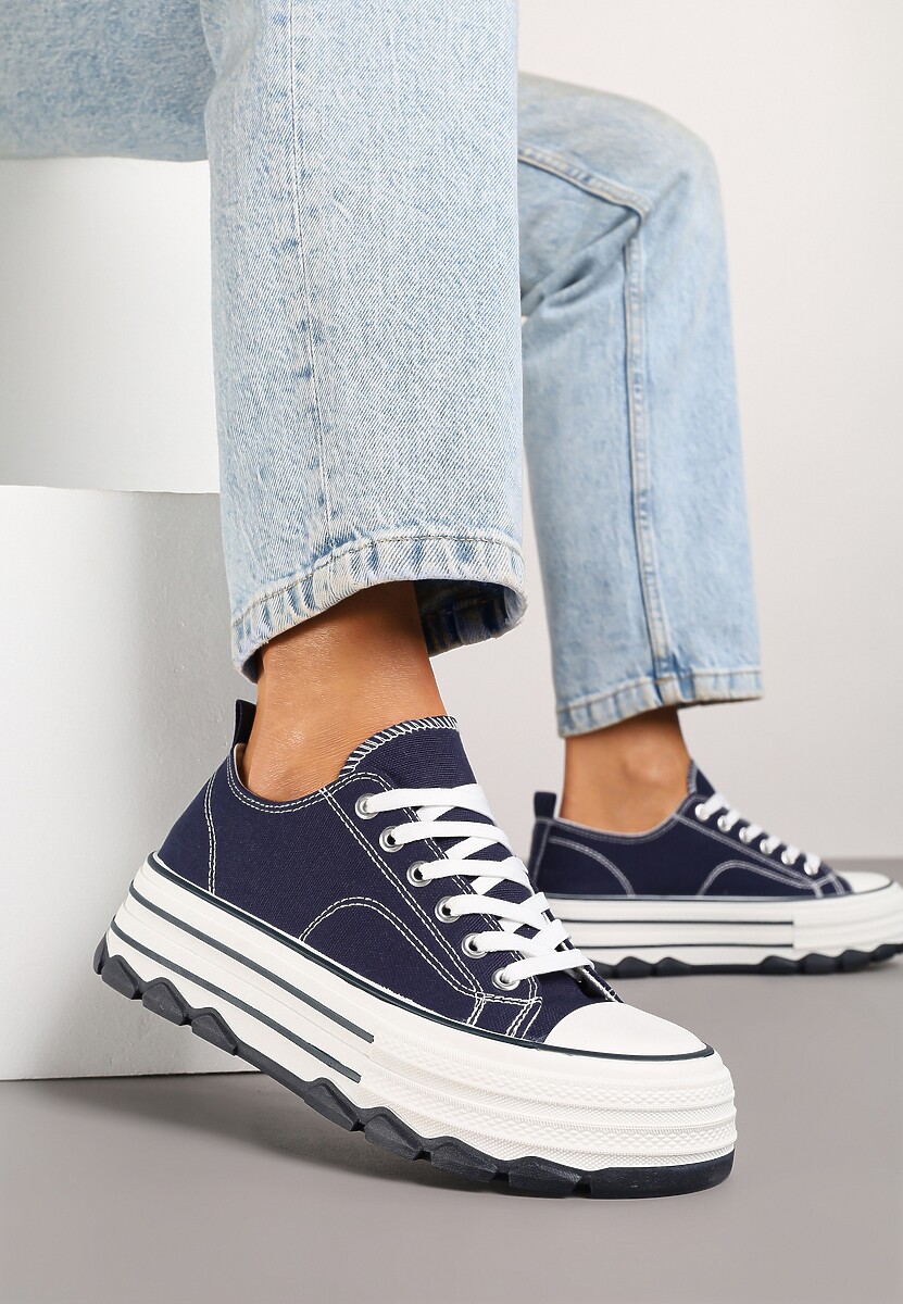 Granatowe Trampki na Platformie z Paskami i Niską Cholewką Zienelle