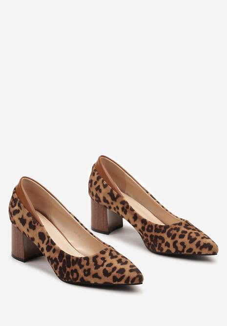 Brązowe Czółenka na Słupku w Klasycznym Stylu Ozdobione Wzorem w Panterkę Zeianae