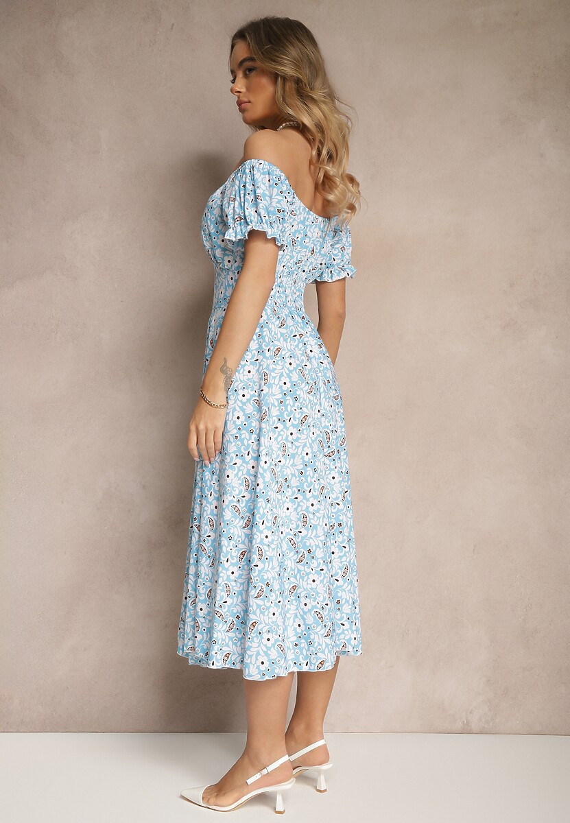 Niebieska Rozkloszowana Sukienka w Kwiatowy Print z Bawełną i Dekoltem Łódką z Bufkami Saniren