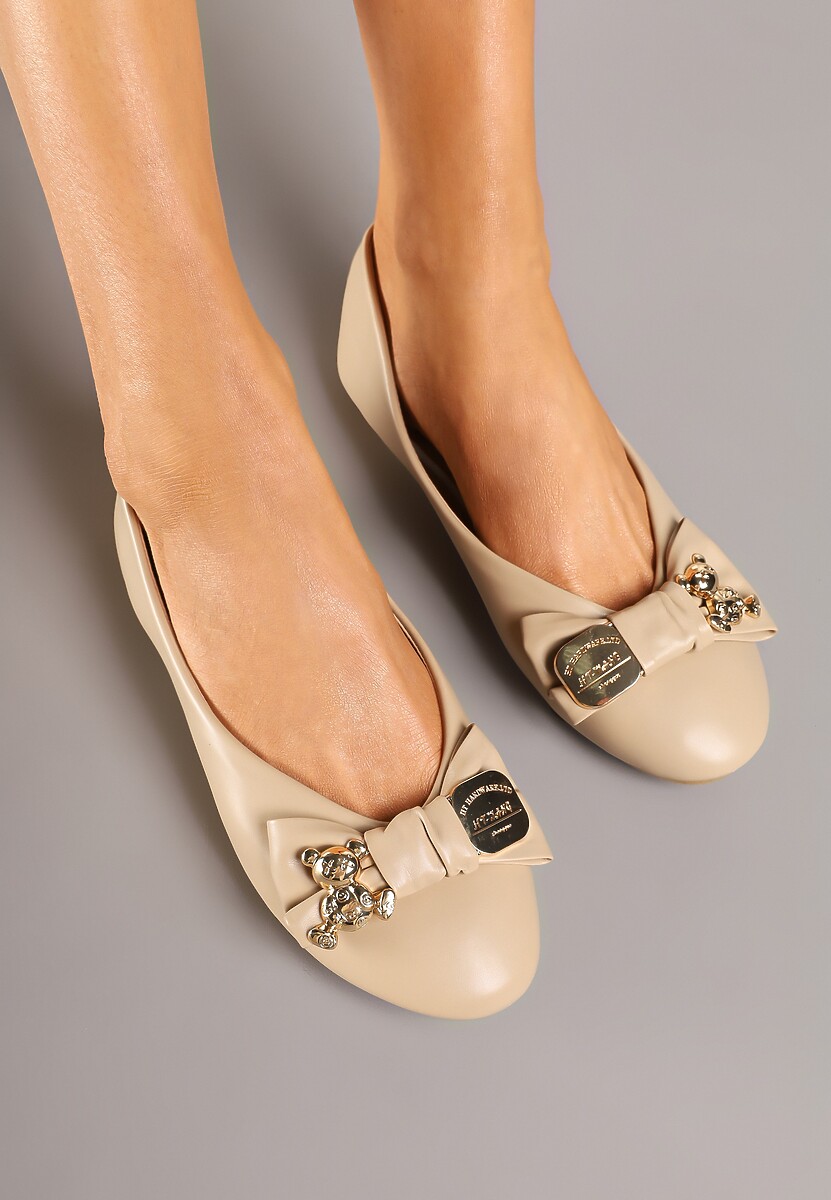 Ciemnobeżowe Płaskie Balerinki Ozdobione Misiem i Kokardą Worevelis