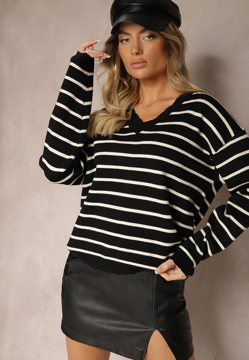 Czarno-Beżowy Sweter z Dodatkiem Wiskozy Ozdobiony Paskami i Ściągaczami Tariline