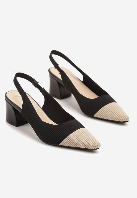 Czarne Sandały na Słupku Typu Slingback z  Kontrastowym Noskiem Udivira