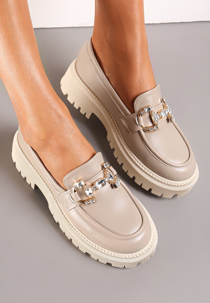 Ciemnobeżowe Mokasyny na Platformie z Klamerką Arucja