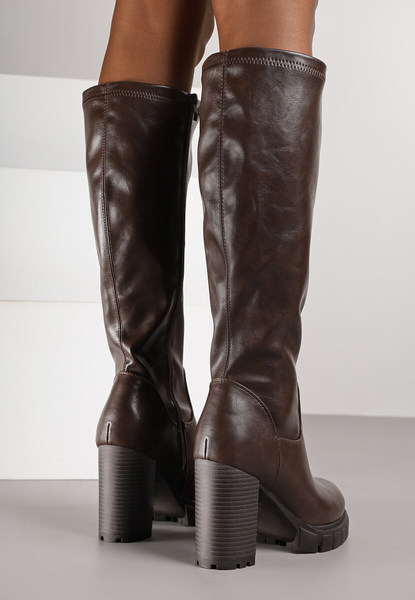 Brązowe Kozaki na Słupku i Platformie z Dopasowaną Cholewką Latallea