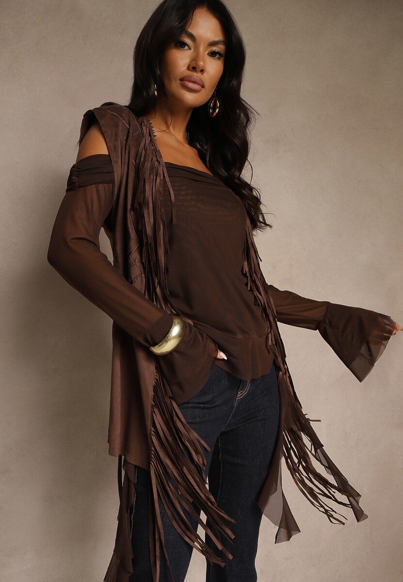 Brązowa Kamizelka Boho Zdobiona Frędzlami i Gorsetowymi Wiązaniami Saleina