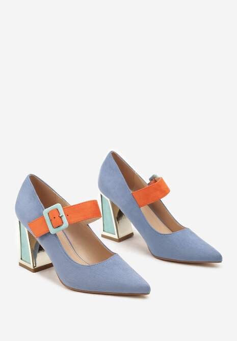 Niebieskie Czółenka na Słupku z Metalicznymi Wstawkami i Paskiem Enavina