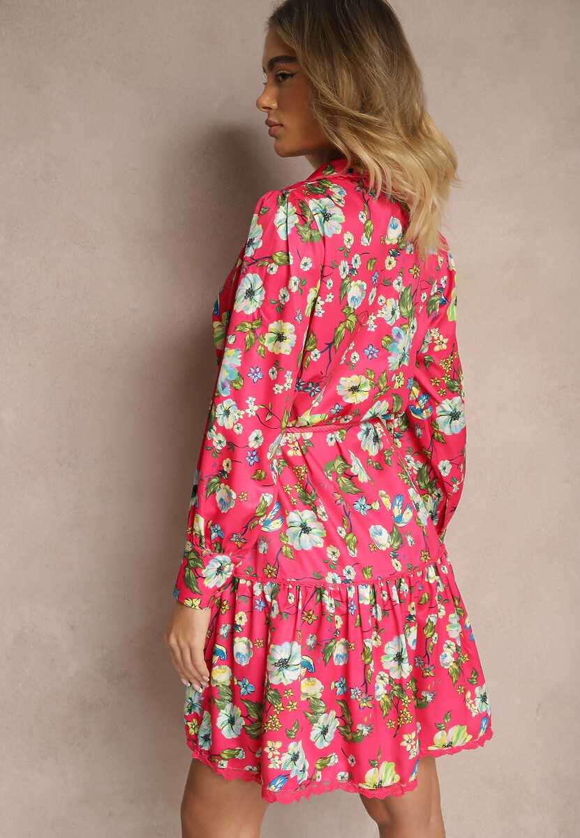 Fuksjowa Rozkloszowana Sukienka z Koronkowymi Wstawkami i Sznurkiem Payten