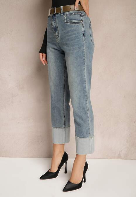 Niebieskie Bawełniane Jeansy Ozdobione Paskiem i Wywiniętymi Nogawkami Salliera