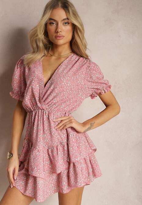 Różowa Krótka Sukienka Letnia z Gumką w Talii i Falbankami Jasimra