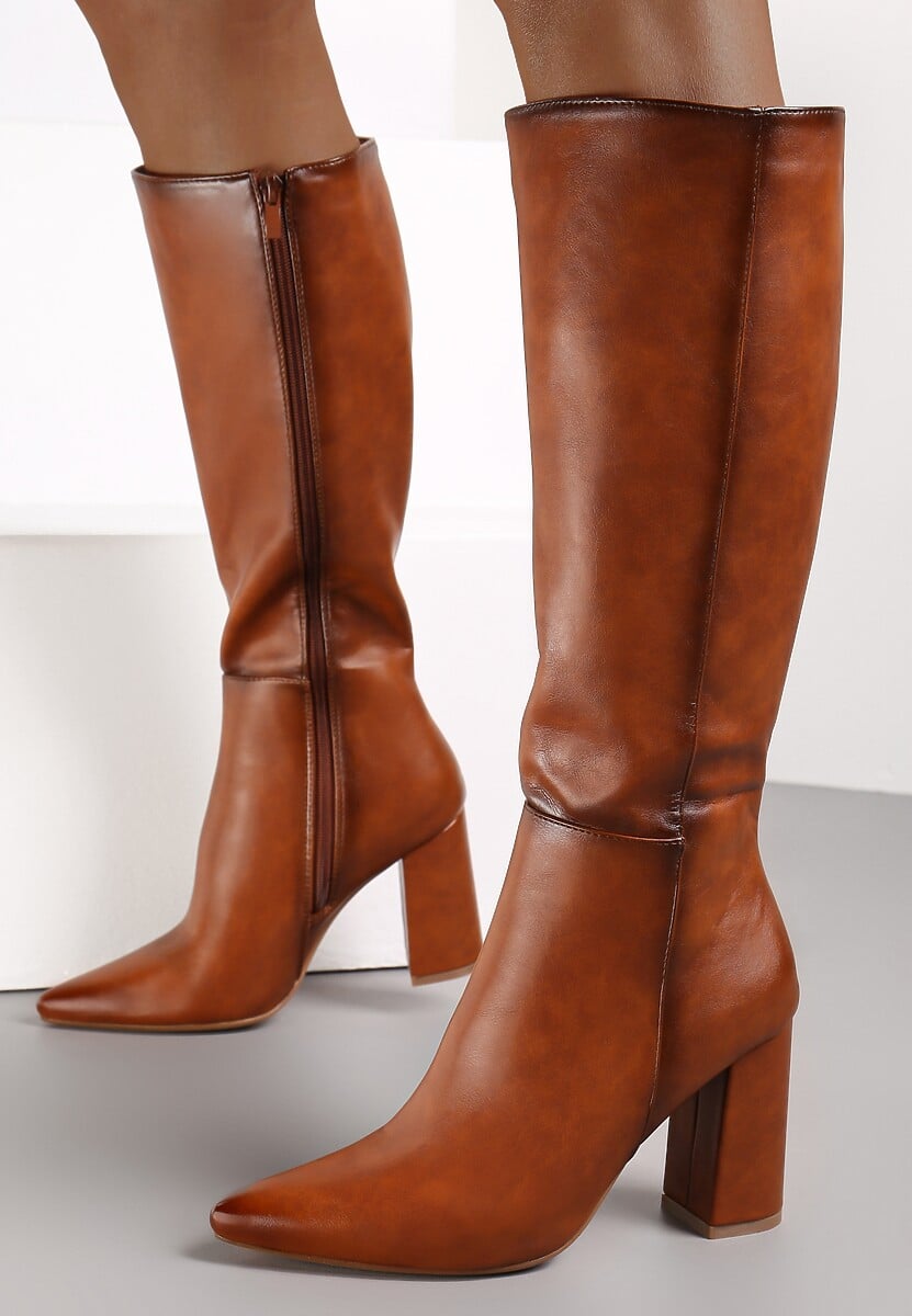 Brązowe Kozaki na Obcasie ze Szpiczastym Noskiem Geldona