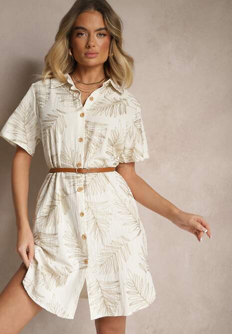 Beżowa Bawełniana Sukienka Koszulowa z Paskiem i Motywem Liści Paredia