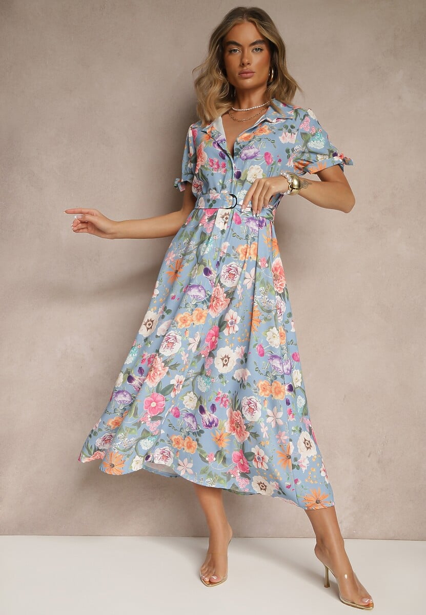 Brązowa Koszulowa Sukienka w Kwiaty o Rozkloszowanym Fasonie z Paskiem Fevalirra