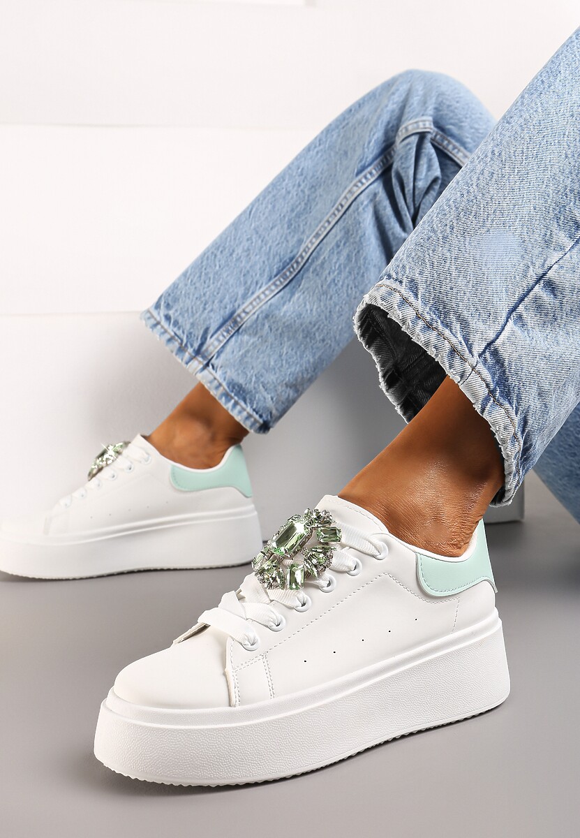 Biało-Zielone Sneakersy na Grubej Podeszwie z Ozdobną Aplikacją Kamienia  Danthia