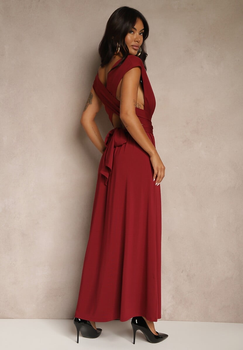 Bordowa Sukienka Koktajlowa Multiway z Wiskozą Wiązana na Szyi Lilovea