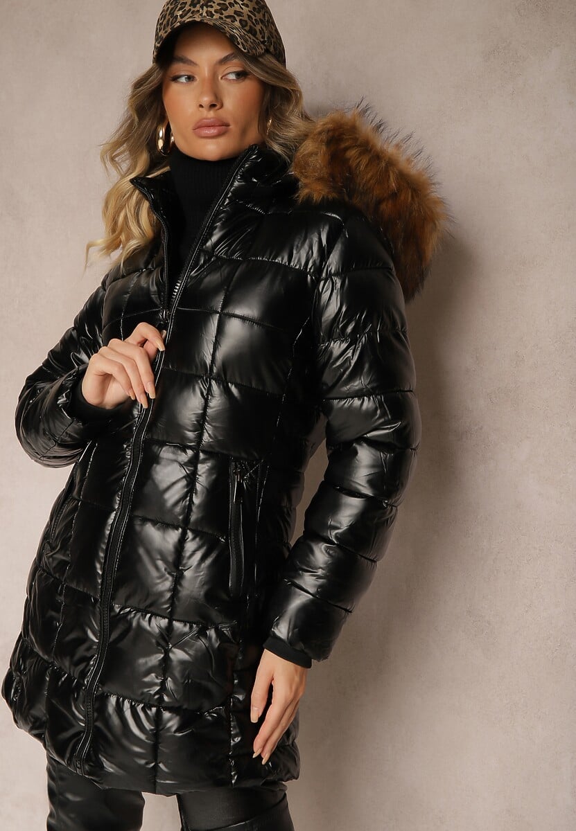 Czarno-Brązowa Kurtka z Pikowaniem i Odpinanym Kapturem Ozdobiona Futerkiem Izarella