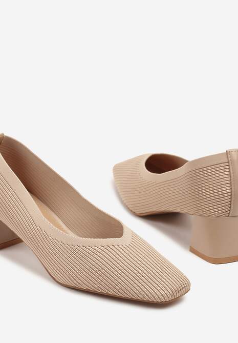 Beżowe Prążkowane Czółenka na Słupkowym Obcasie Fenellin