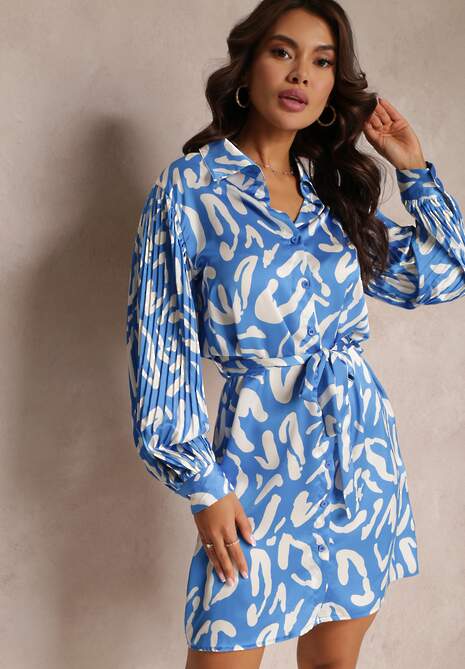 Niebieska Koszulowa Sukienka z Plisowanymi Wstawkami i Materiałowym Paskiem Lizza