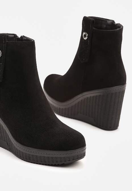 Czarne Casualowe Botki na Koturnie Wykończone z Boku Brokatem Naviselle