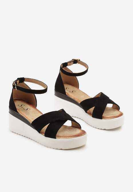Czarne Sandały Zapinane wokół Kostki na Platformie i Koturnie Effitza