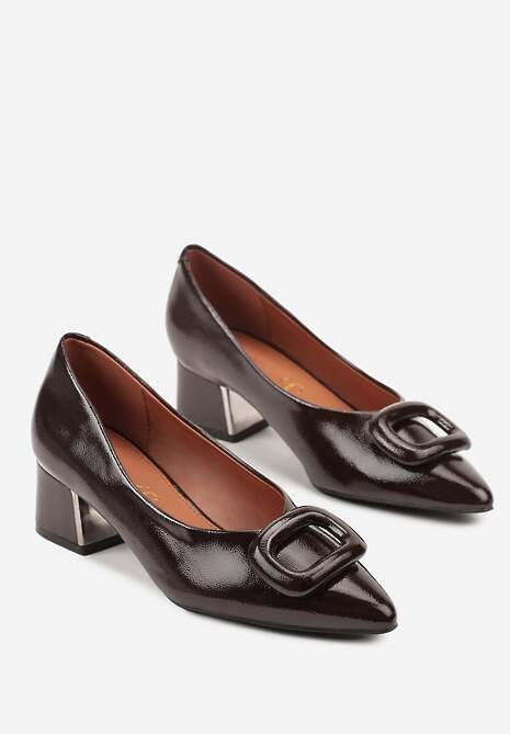 Brązowe Czółenka Vices na Słupku z Wkładką ze Skóry Naturalnej i Klamrą Apanelle