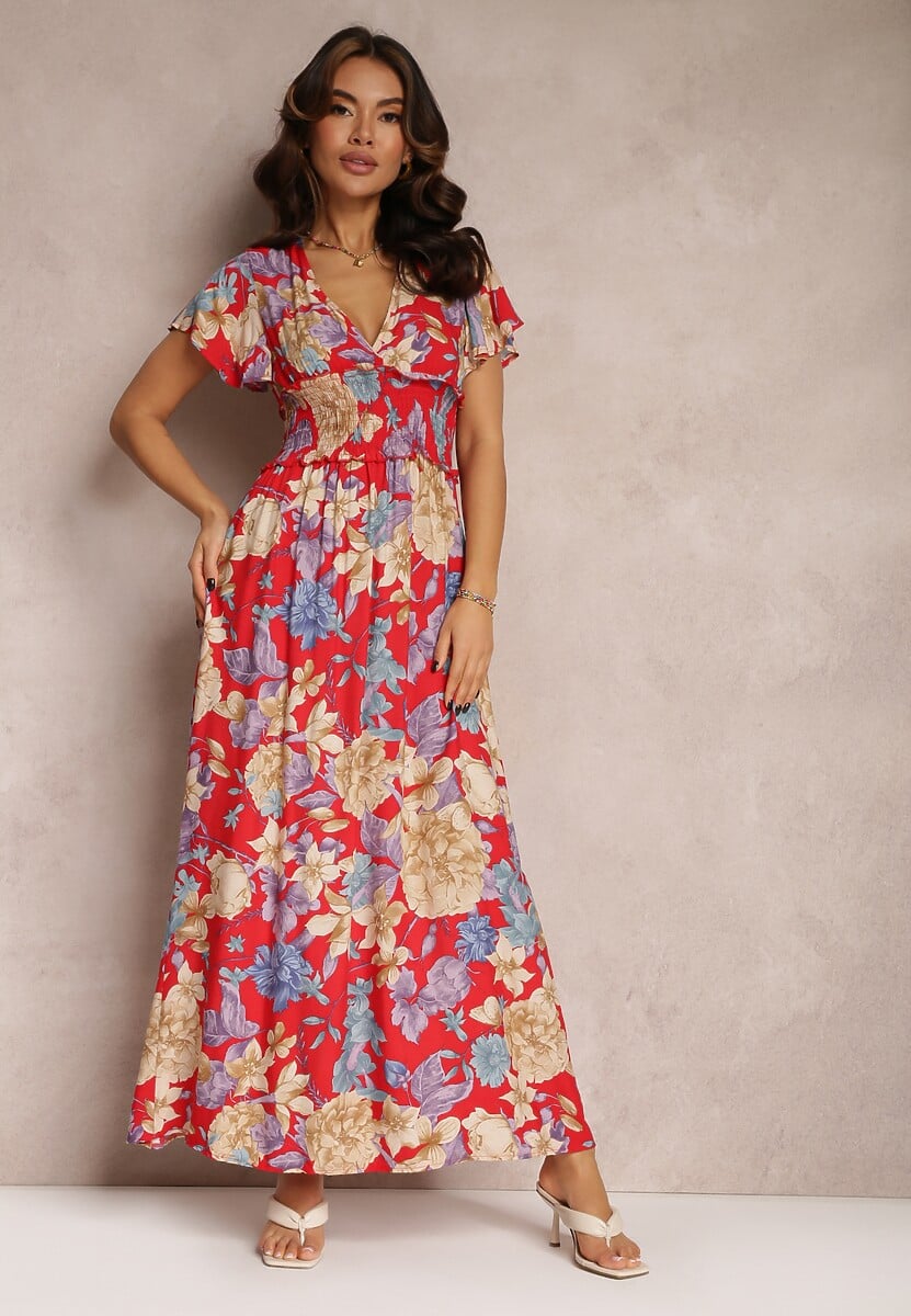 Niebieska Sukienka z Szeroką Gumką w Talii w Kwiaty Shathi