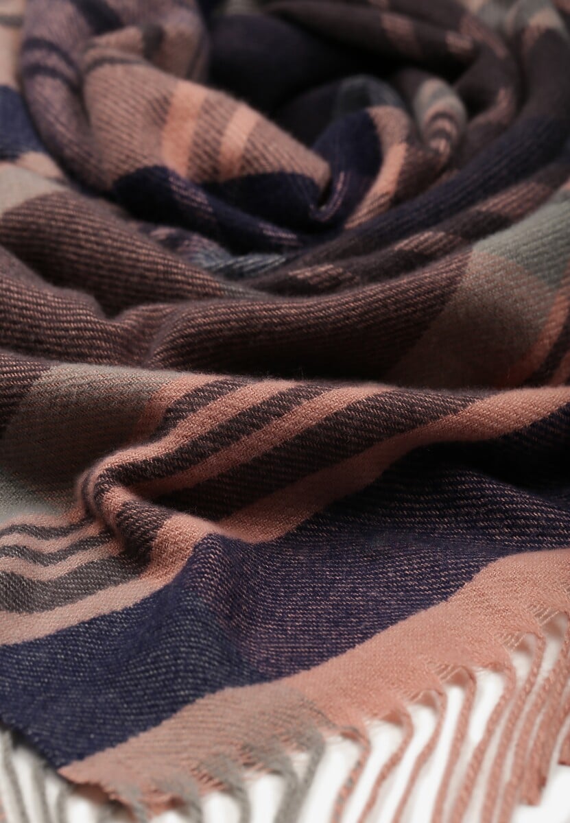 Różowo-Czarny Kraciasty Szalik z Wiskozy i Bawełny z Frędzlami Relavis