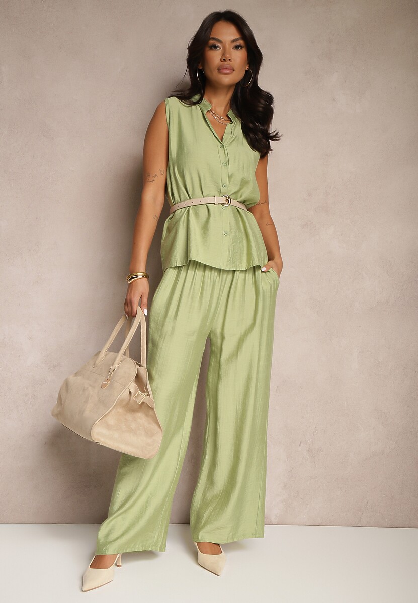 Jasnozielony Komplet Szerokie Spodnie i Koszula Bez Rękawów Zivanna