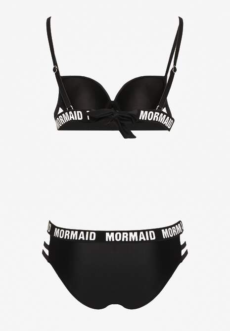 Czarne Bikini z Supełkiem na Biustonoszu z Ozdobnymi Paseczkami i Napisami Bibalia