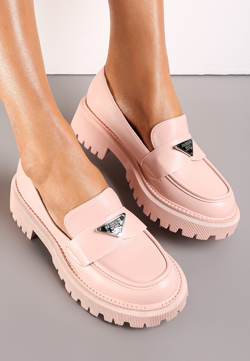 Jasnoróżowe Mokasyny na Grubej Podeszwie z Ozdobną Klamerką Silensa