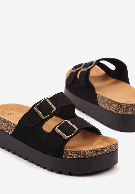 Czarne Klapki na Platformie z Korka Ozdobione Klamrami Ravilisse