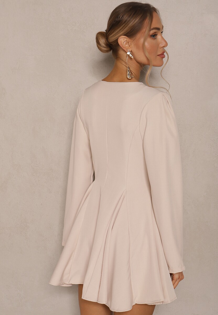 Beżowa Rozkloszowana Sukienka o Fasonie Marynarki z Ozdobnymi Guzikami Florlio