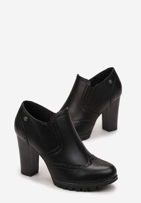 Czarne Zasuwane Półbuty na Obcasie Liniwen