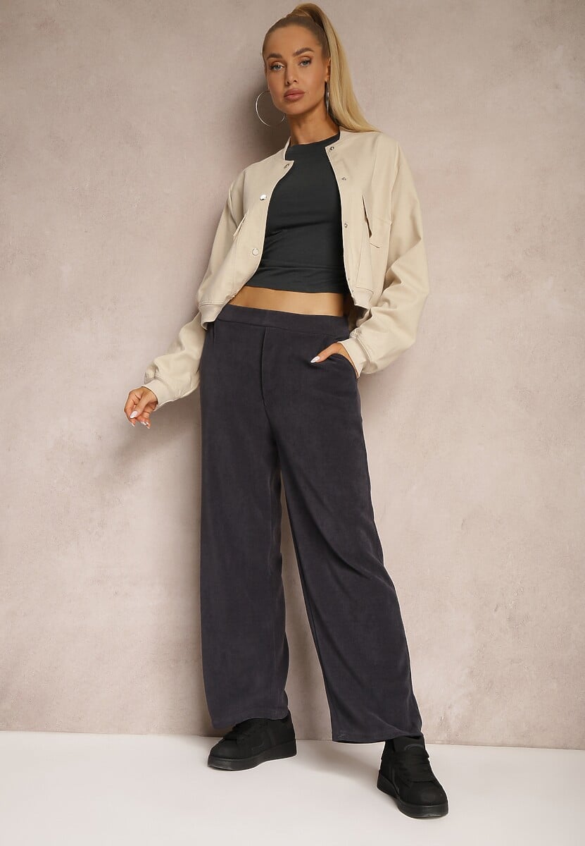 Granatowe Szerokie Spodnie Ozdobione Imitacją Kieszeni Tassae