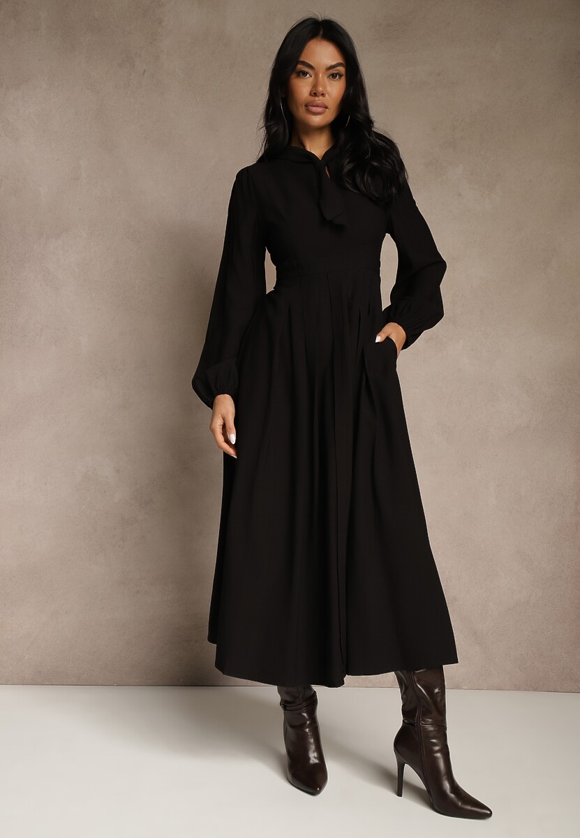 Bordowa Sukienka Plisowana z Wiskozy Ozdobiona Wiązaniem Farrive