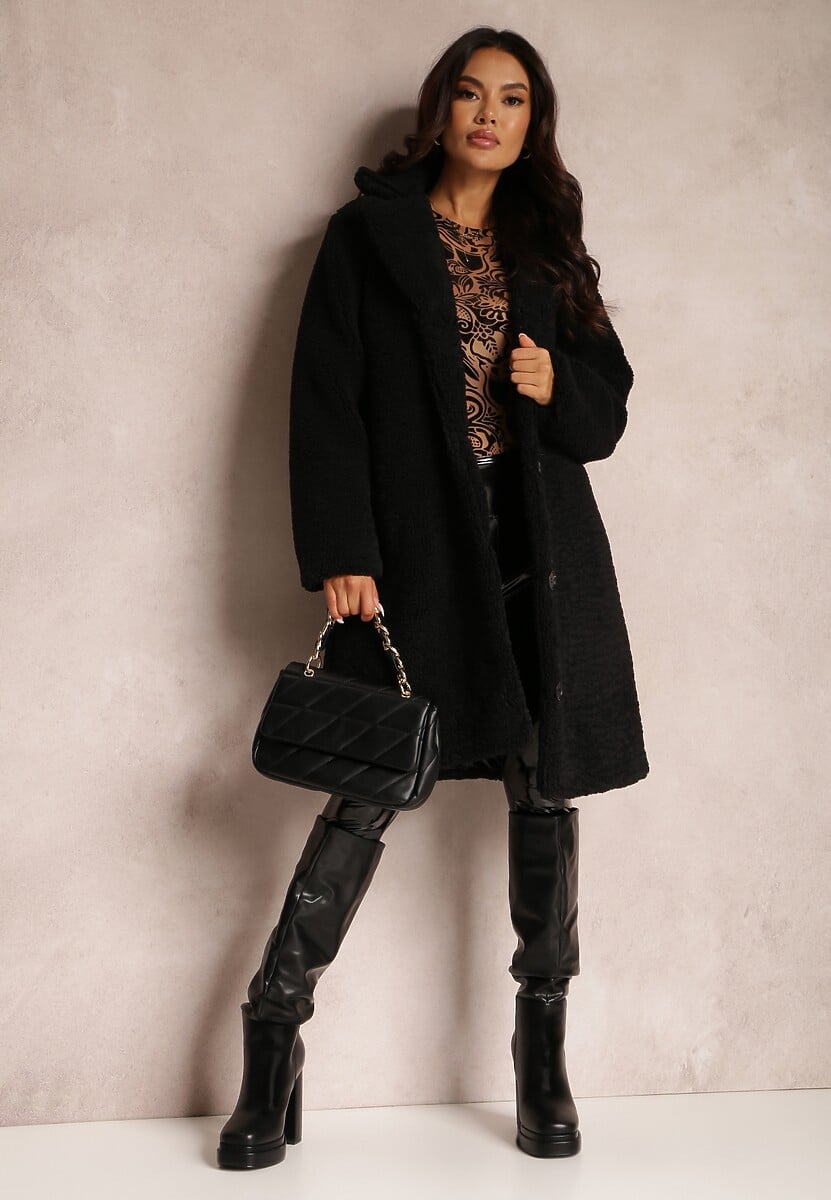 Czarny Płaszcz Futrzany Teddy Karli