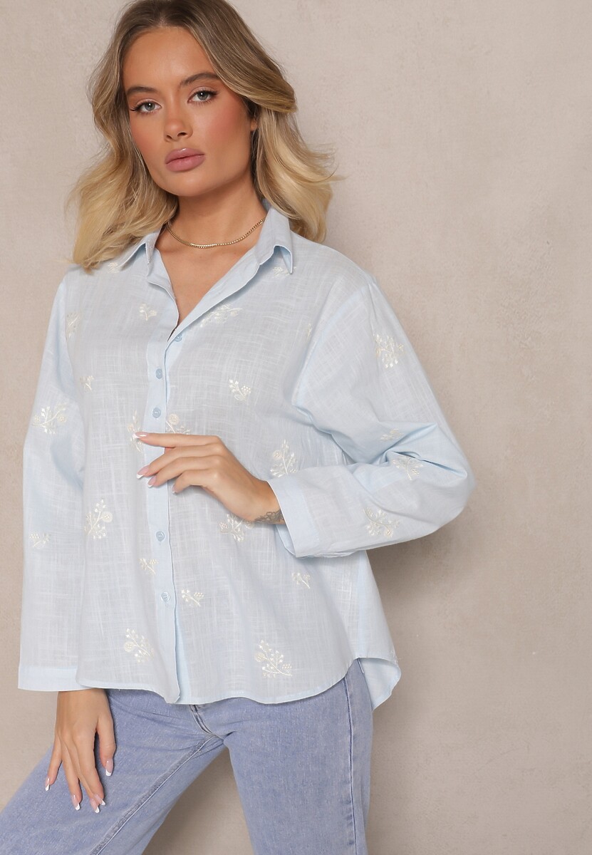 Niebieska Koszula z Bawełny z Regulacją przy Rękawach Dorione