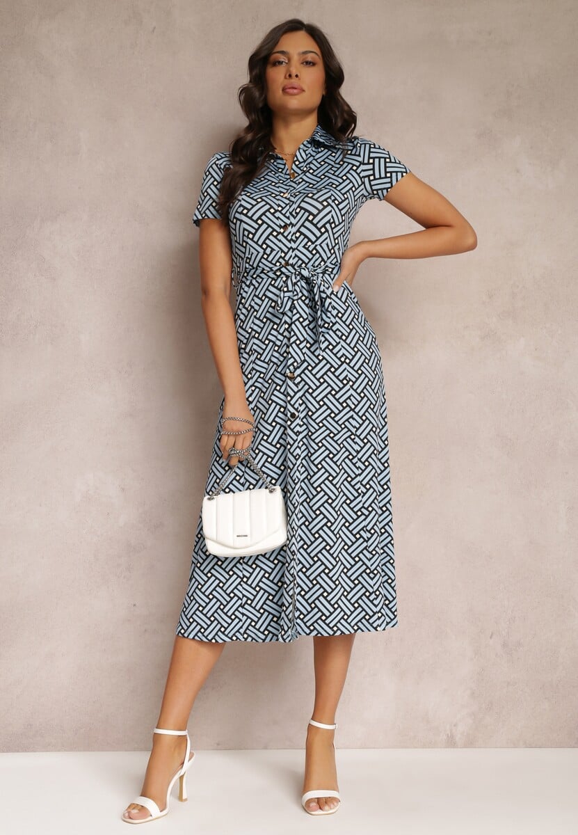 Niebieska Geometryczna Sukienka Midi z Kołnierzem i Paskiem z Materiału Mehisi