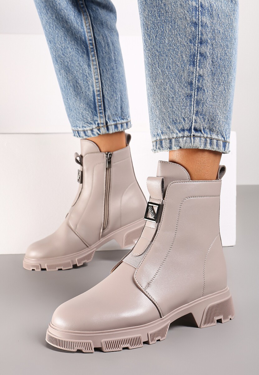 Jasnobeżowe Botki za Kostkę z Metalową Klamerką Junni