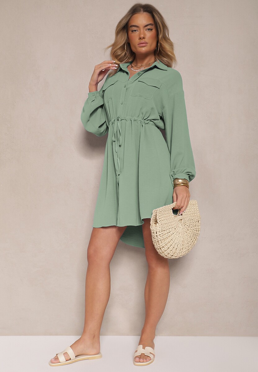 Zielona Sukienka Koszulowa z Bawełną Ozdobiona Wiązaniem Uladrisa