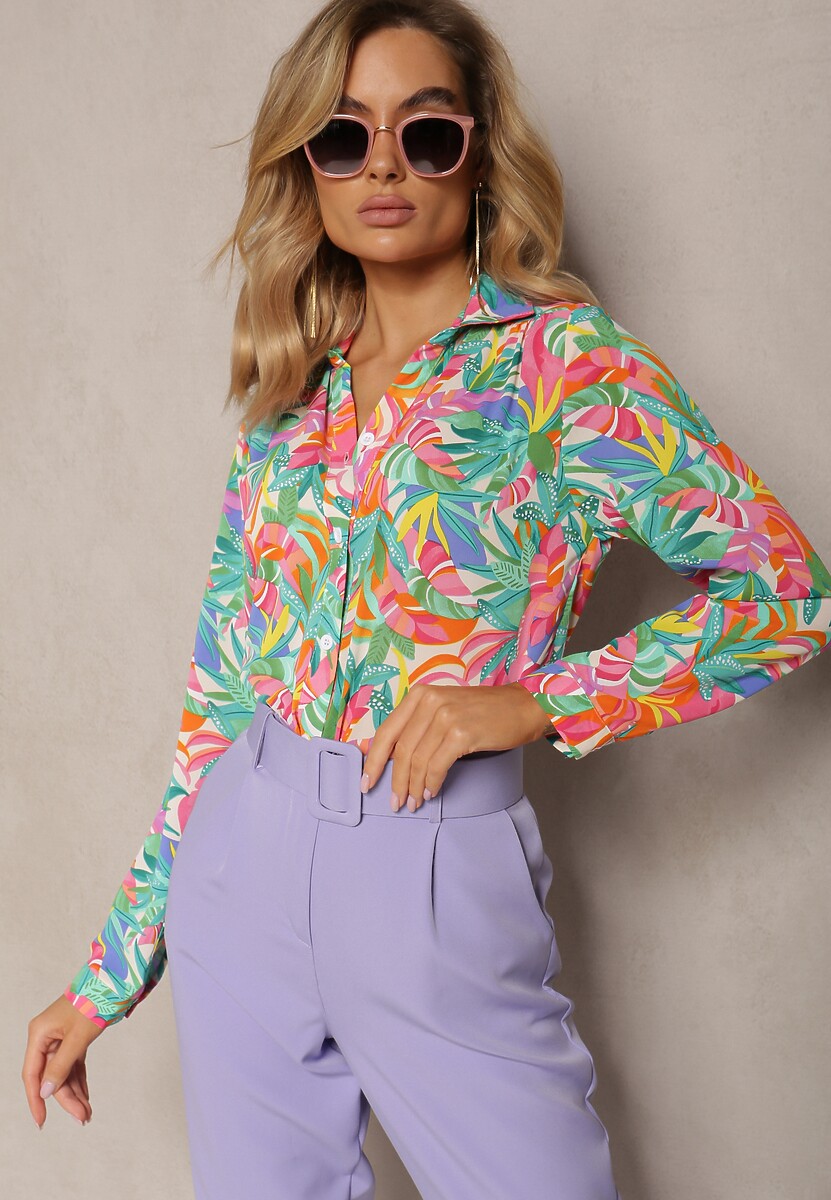 Różowo-Czerwona Koszula o Klasycznym Kroju we Florystyczny Print Ationama