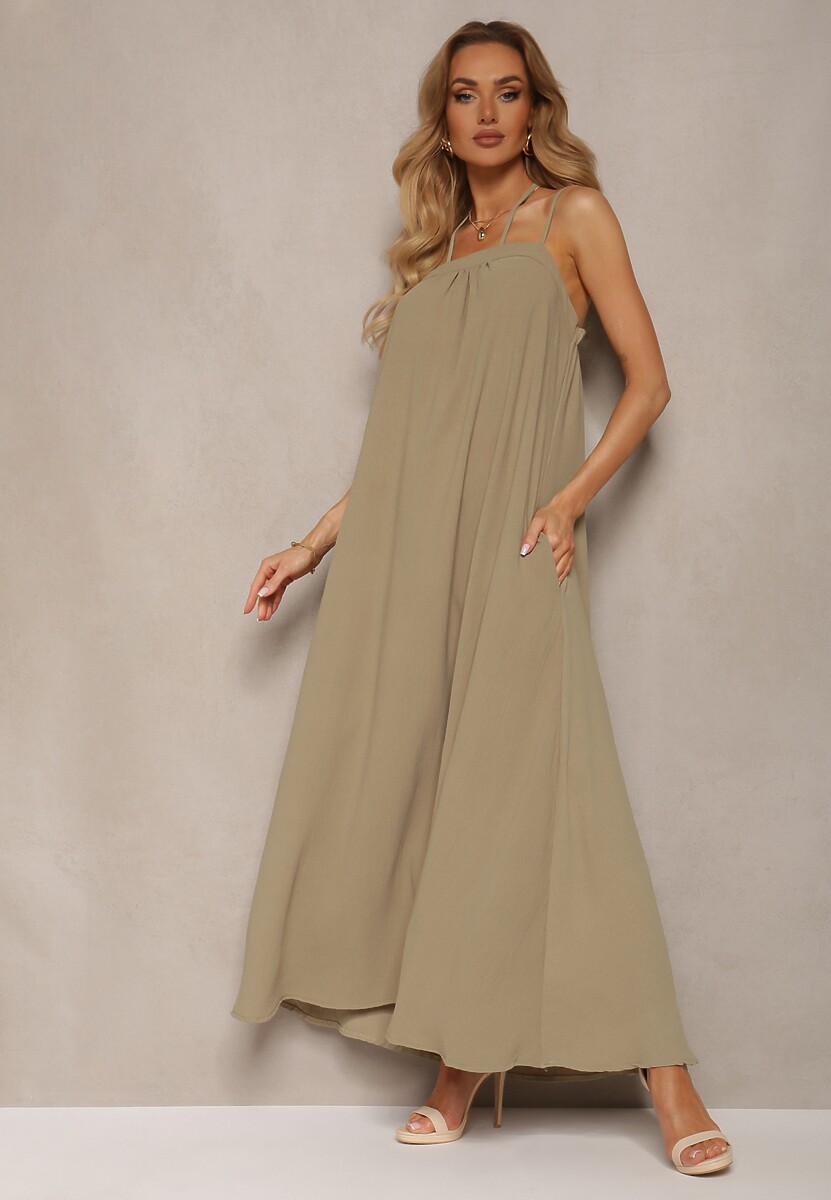 Biała Sukienka z Regulowanymi Ramiączkami i Wiązaniem przy Szyi Qloenma