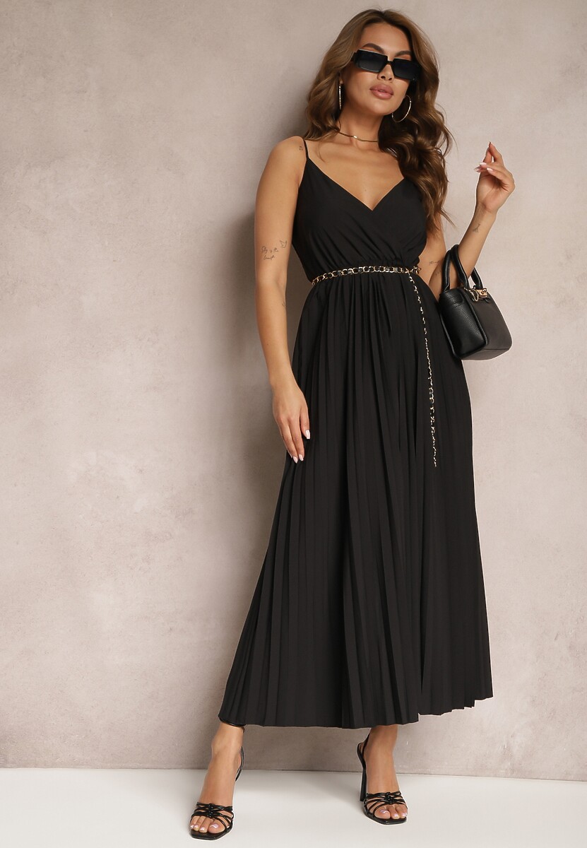 Fioletowa Długa Sukienka Kopertowa o Rozkloszowanym Kroju na Ramiączkach Kaemera