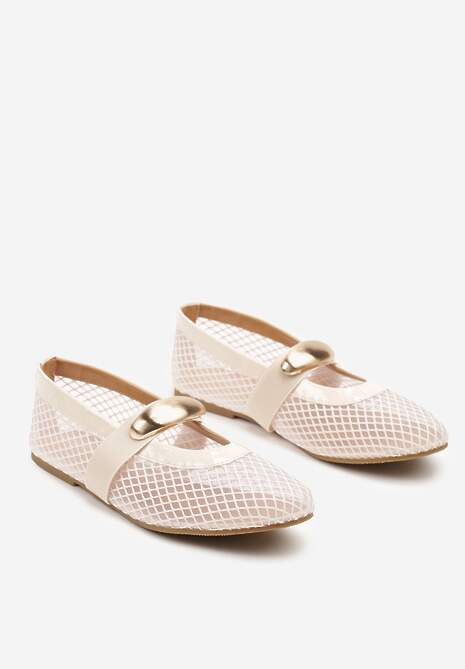 Beżowe Siateczkowe Balerinki z Metaliczną Ozdobą i Paskiem Irelisa
