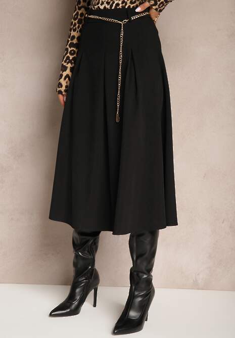 Czarna Spódnica z Wiskozą o Rozkloszowanym Kroju z Paskiem Łańcuszkiem Lilethra