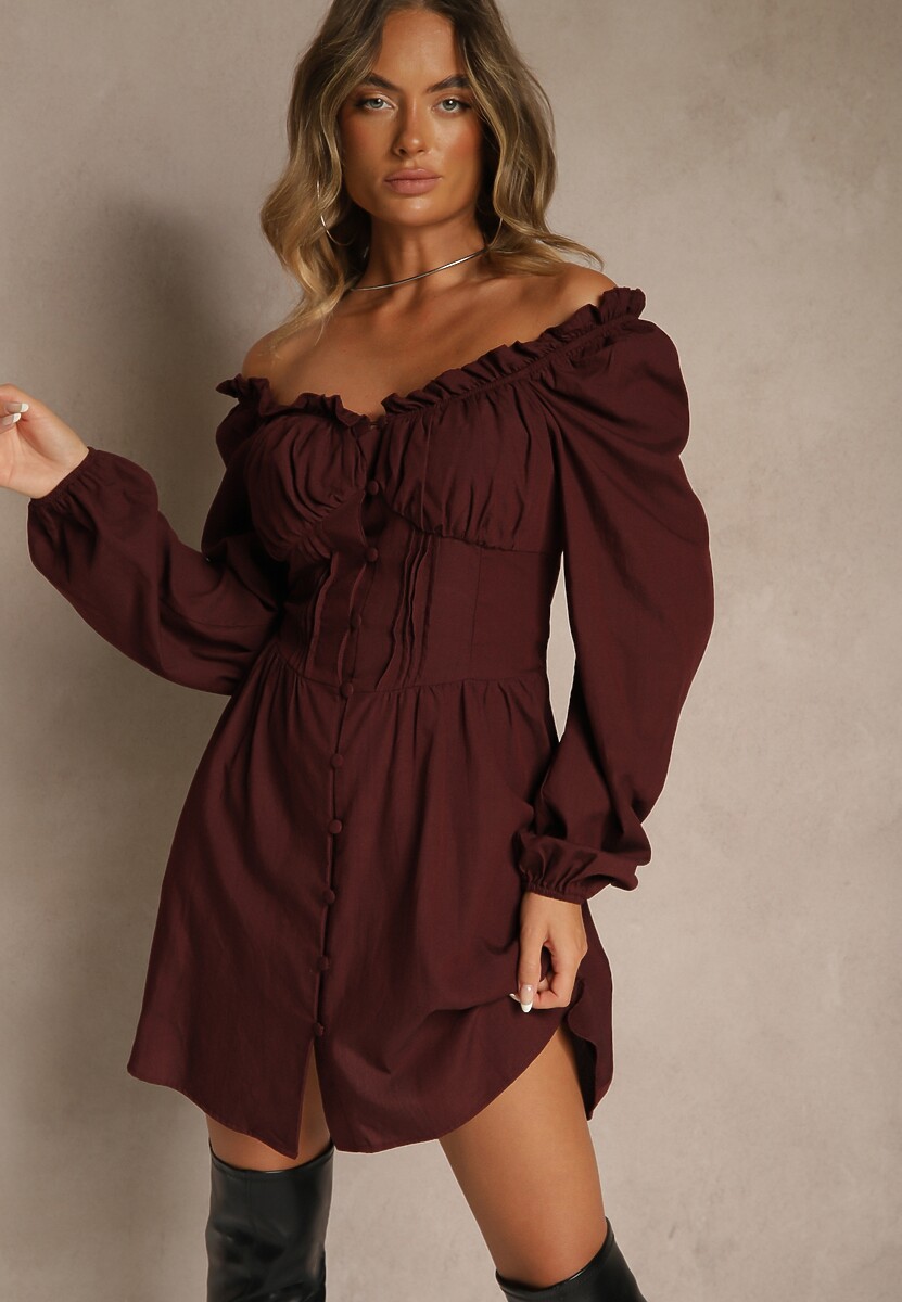 Brązowa Gorsetowa Sukienka Hiszpanka Vices z Guzikami i Bufiastymi Rękawami Resena