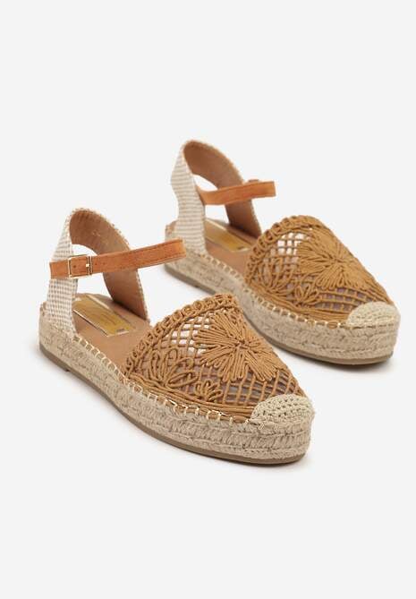 Brązowe Ażurowe Sandały Espadryle Ozdobione Plecionką Ralarelle