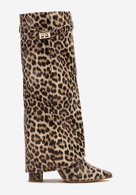 Brązowe Kozaki w Panterkę na Obcasie z Modnie Wywiniętą Cholewką Nartani