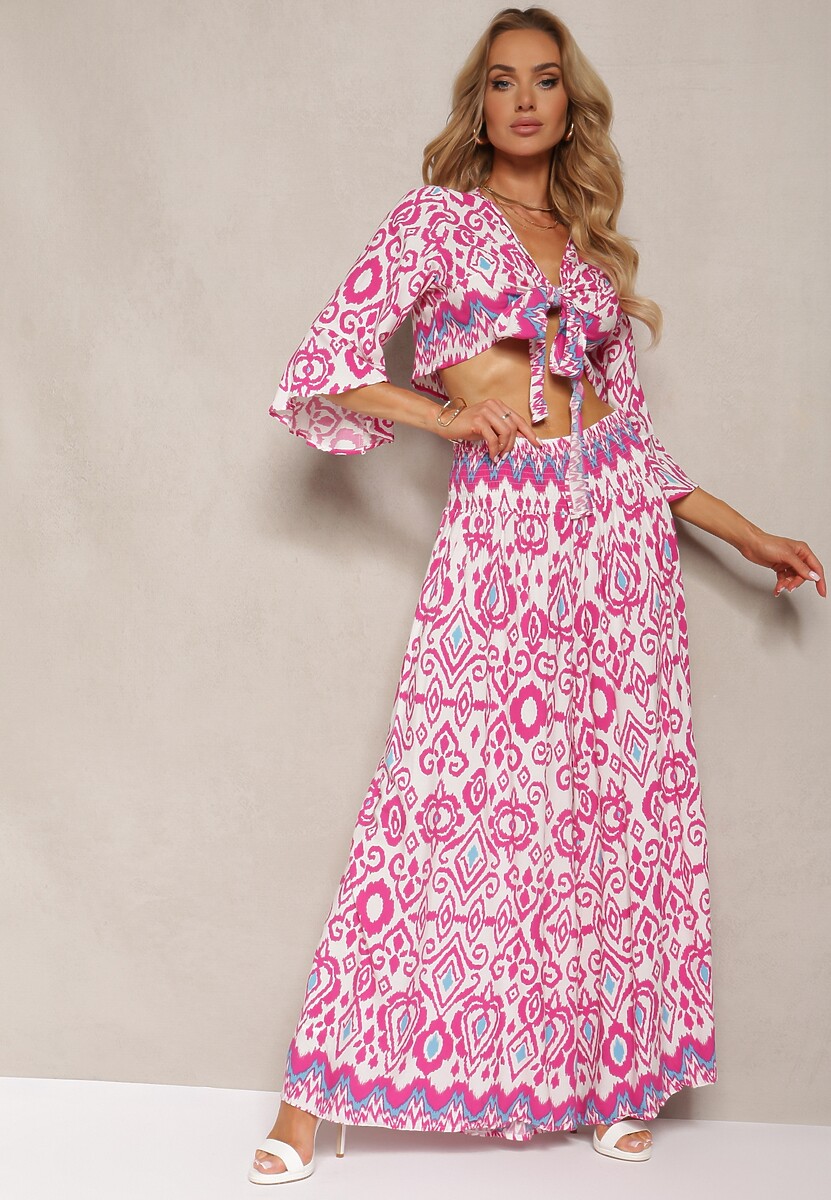 Fuksjowy Komplet Bluzka Kopertowy Wiązany pod Biustem Szerokie Spodnie z Gumką w Talii Viknelas