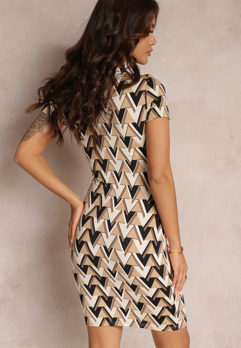 Beżowo-Brązowa Sukienka Dopasowana z Wycięciem w Geometryczny Print Larai